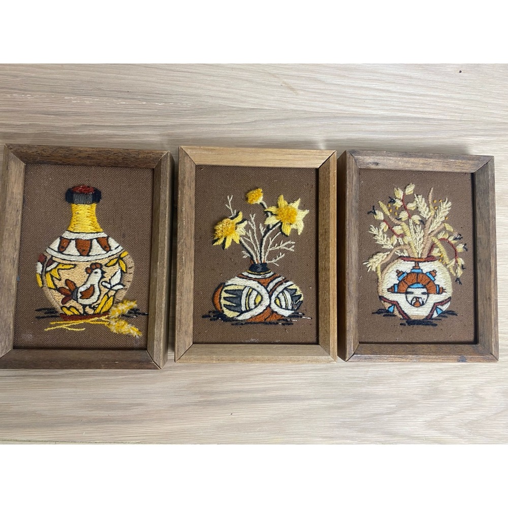 Vintage Sunset Designs Needlepoint Framed Art Set 3 Southwestern Pottery 1972